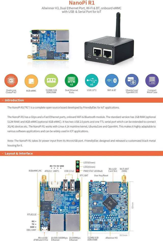 Alt view image 4 of 7 - NanoPi R1 Allwinner RAM 1GB H3 Dual Ethernet Port, Wifi & BT, onboard eMMC with USB & Serial Port for loT
