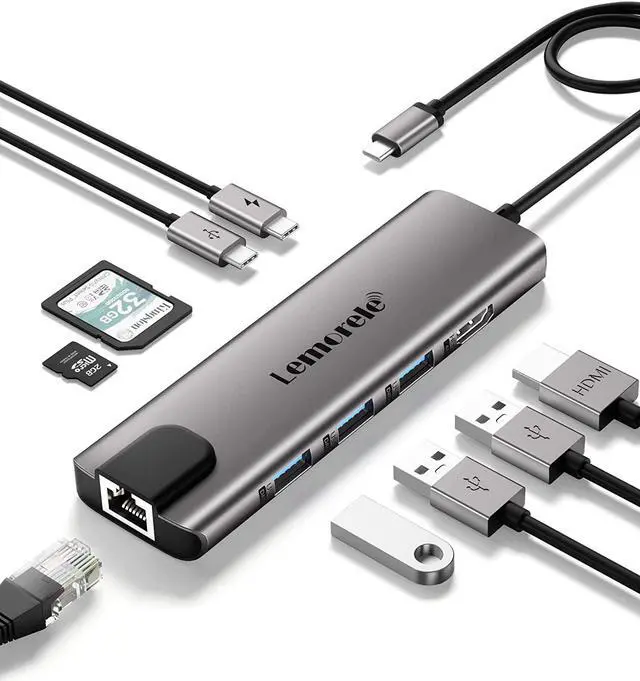 Main image of USB C Hub, Lemorele 9 in 1 USB C Hub Multiport Adapter w/Gigabit Ethernet, 100W PD, HDMI 4K, USB 0.0, USB C Data Port, SD/TF Card Reader, Dongle Docking Station for MacBook Pro Steam Deck Laptops