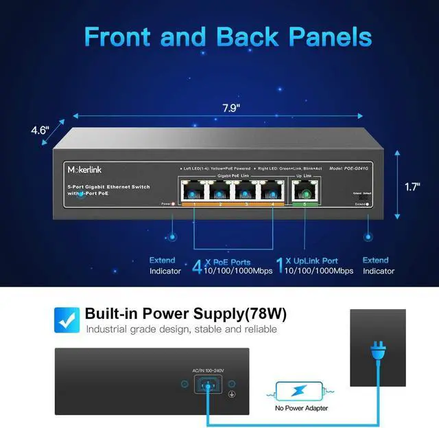 Alt view image 6 of 7 - MokerLink Gigabit POE Switch, 5 Port and 8 Port PoE Switch, IEEE802.3af/at, Unmanaged Plug and Play, Sturdy Metal Fanless