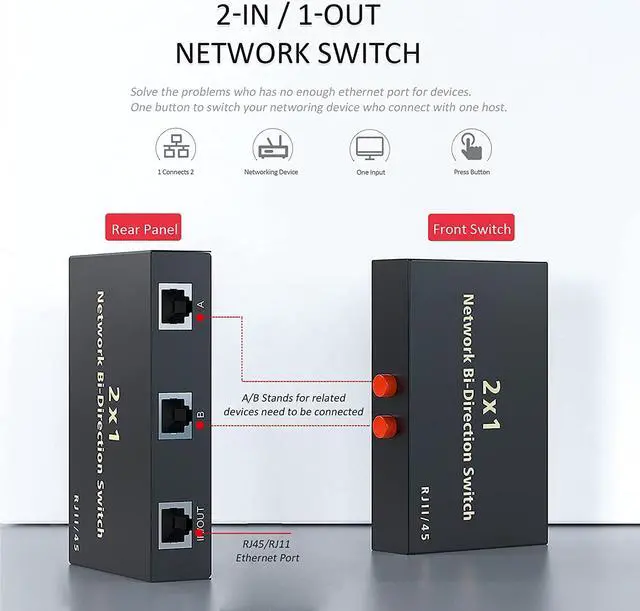 Alt view image 2 of 7 - RJ45 Network Switch Selector 2x1 Ethernet RJ45 Network Switch Splitter Selector Box 100M/1000M