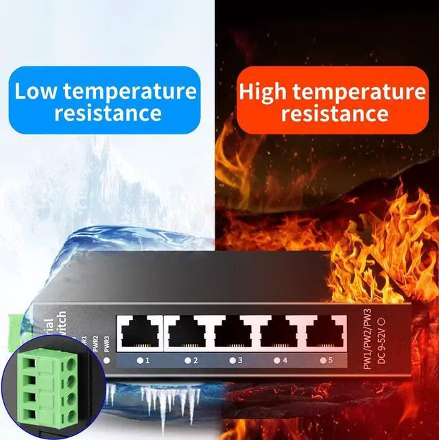 Main image of STEAMEMO 5-Port Industrial Ethernet Switch | DIN-Rail Mount | 100Mbps Ports + 1Gbps Switching | -40°C to 70°C Operation | Rugged Metal Housing | Lifetime Protection
