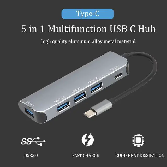 Alt view image 4 of 7 - 95116S USB-C hub, 5 in 1 USB-C to 4 USB3.0 Ports/Type-C Fast Charging, USB C Hub Multiport Adapter, for Tablets Mobile Phones Notebooks