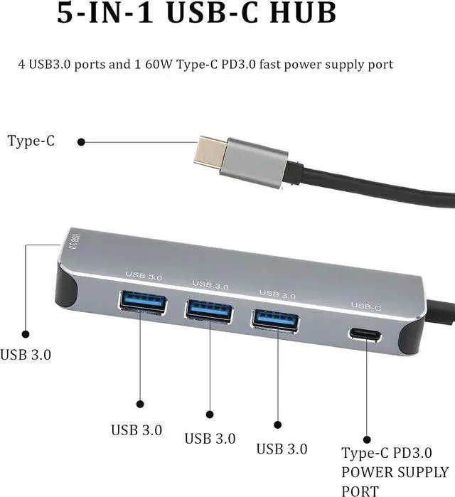 Alt view image 2 of 7 - 95116S USB-C hub, 5 in 1 USB-C to 4 USB3.0 Ports/Type-C Fast Charging, USB C Hub Multiport Adapter, for Tablets Mobile Phones Notebooks