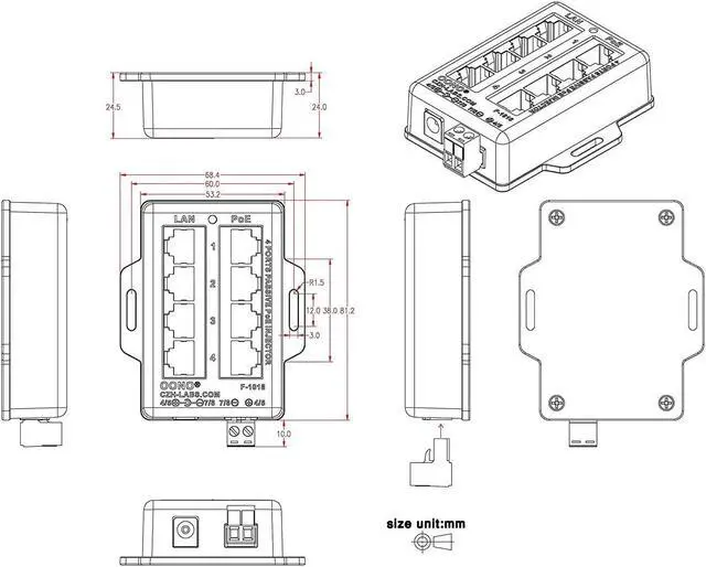Alt view image 5 of 5 - 4 Ports Passive RJ45 PoE Power Injection Module, Power Over Ethernet Injector