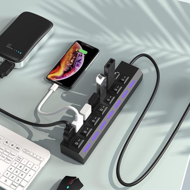 Alt view image 3 of 7 - USB Hub, 7 Port USB 2.0 Hub LED Portable High-Speed Compatible for iMac Pro, MacBook Air, Mac Mini/Pro, Surface Pro, PC and Laptop