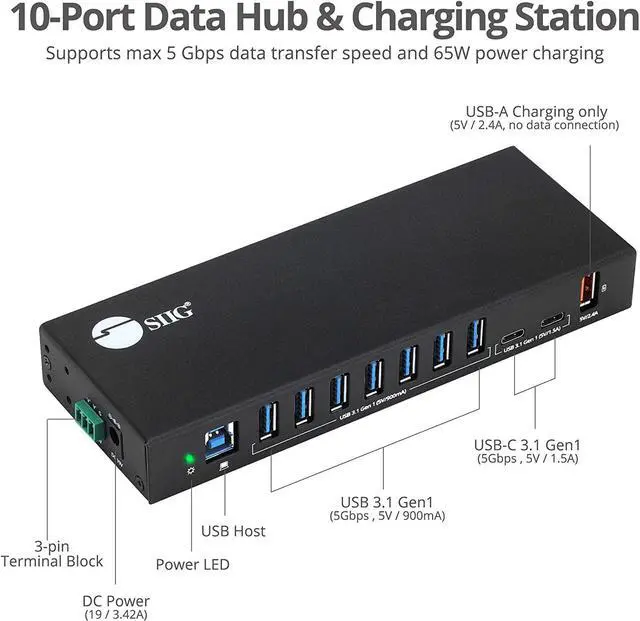 Alt view image 3 of 7 - Industrial Powered USB C & USB 3.1 Hub, Splitter, 10 Port, Powered Multiport Hub Expander for Desktop, Laptop, Tablets, Cellphone, External HD, Keyboard and Mouse (ID-US0811-S1)
