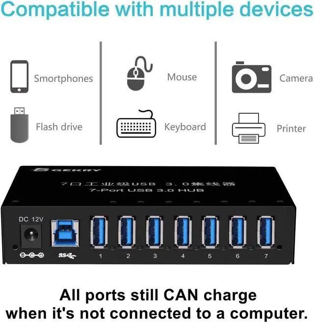 Alt view image 2 of 7 - GEKRY USB 3.0 Hub, USB Data Hub, Metal Case Mountable 7-Port Powered USB Hub 3.0 with 36W AC Adapter-Type A