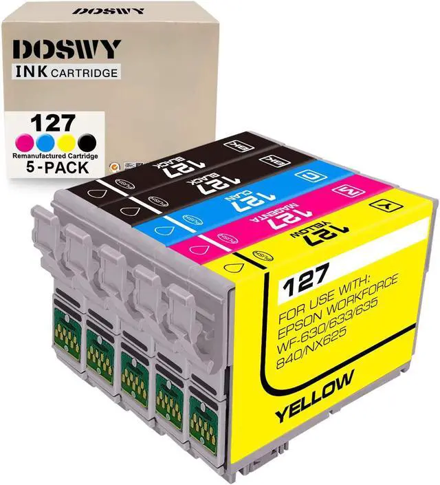 Main image of Doswy 5 Packs T127 Remanufacture Ink Cartridge Replacement for Epson 127 T127 use for Workforce 545 845 645 WF-3540 WF-3520 WF-7010 WF-7510 WF-7520 NX530 NX625 (2 Black 1 Cyan 1 Magenta 1 Yellow)
