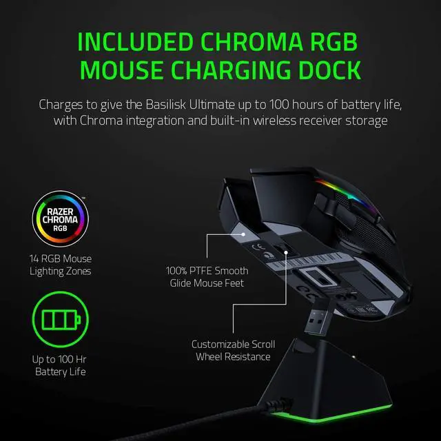 Alt view image 6 of 7 - Razer Basilisk Ultimate Hyperspeed Wireless Gaming Mouse w/ Charging Dock: Fastest Gaming Mouse Switch - 20K DPI Optical Sensor - Chroma RGB - 11 Programmable Buttons - 100 Hr Battery - Classic Black