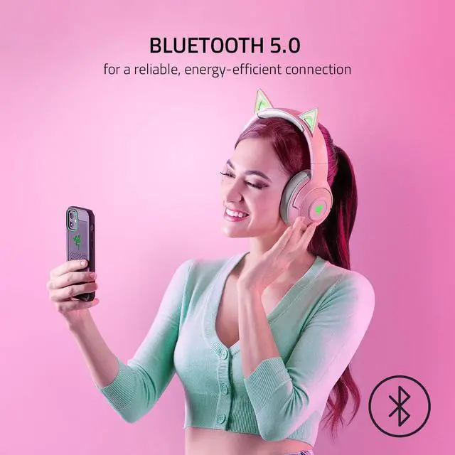 Alt view image 3 of 7 - Razer Kraken BT Kitty Edition: Bluetooth 5.0-40ms Low Latency Connection - Custom-Tuned 40mm Drivers - Beamforming Microphone - Powered by Razer Chroma - Quartz Pink