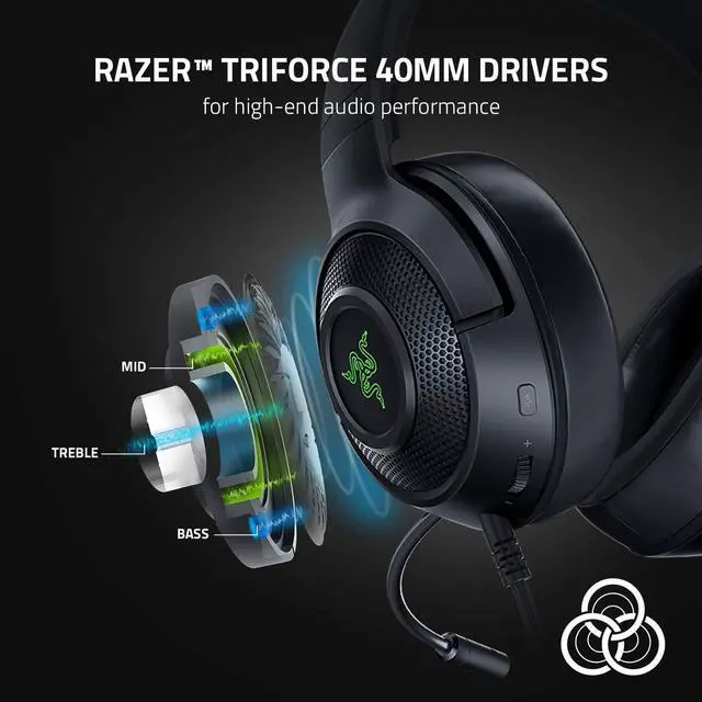 Alt view image 3 of 7 - Razer Kraken V3 X Gaming Headset: 7.1 Surround Sound, Triforce 40mm Drivers, HyperClear Bendable Cardioid Mic, Chroma RGB Lighting, for PC,Black