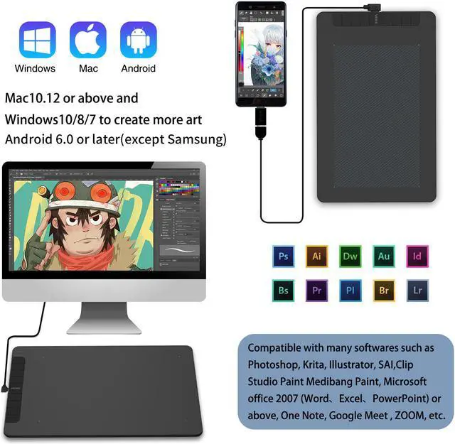 Alt view image 4 of 7 - VEIKK VK1060 Drawing Tablet, 10 x 6 Inch Graphics Tablet with 8 Shortcut Keys, 8192 Levels Battery Free Pen Supports Tilt Function, Work for Digital Art Drawing, Animation, Design or Online Work