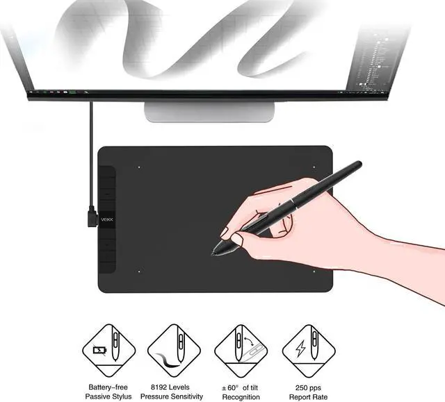 Alt view image 3 of 7 - VEIKK VK1060 Drawing Tablet, 10 x 6 Inch Graphics Tablet with 8 Shortcut Keys, 8192 Levels Battery Free Pen Supports Tilt Function, Work for Digital Art Drawing, Animation, Design or Online Work