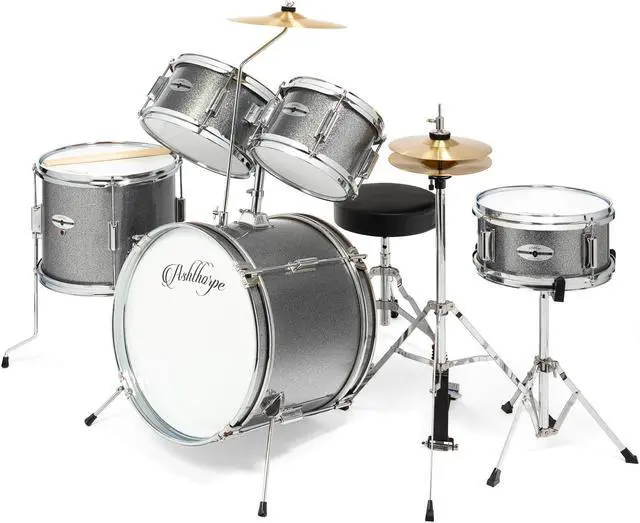 Main image of Ashthorpe 5-Piece Complete Junior Drum Set with Genuine Brass Cymbals - Advanced Beginner Kit with 16" Bass, Adjustable Throne, Cymbals, Hi-Hats, Pedals & Drumsticks - Silver