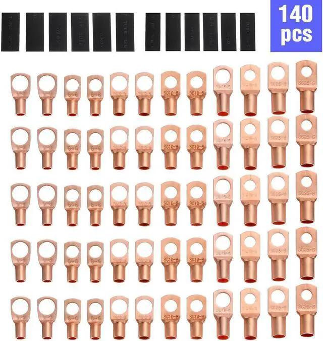Alt view image 2 of 5 - 140pcs Battery Bare Copper Ring Lug Terminals Connector Wire Gauge SC6-25 Kit US