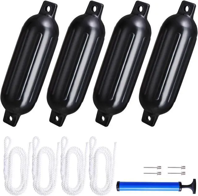 Main image of 4pcs Ribbed Boat Fender 6.5"x23" Bumper Dock Shield Protection Black w/ Lines Pump