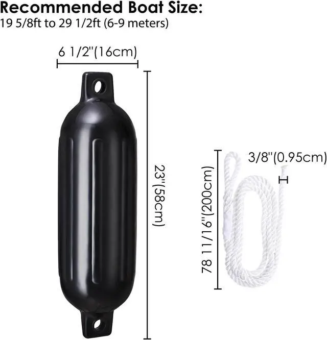 Alt view image 7 of 7 - 4pcs Ribbed Boat Fender 6.5"x23" Bumper Dock Shield Protection Black w/ Lines Pump
