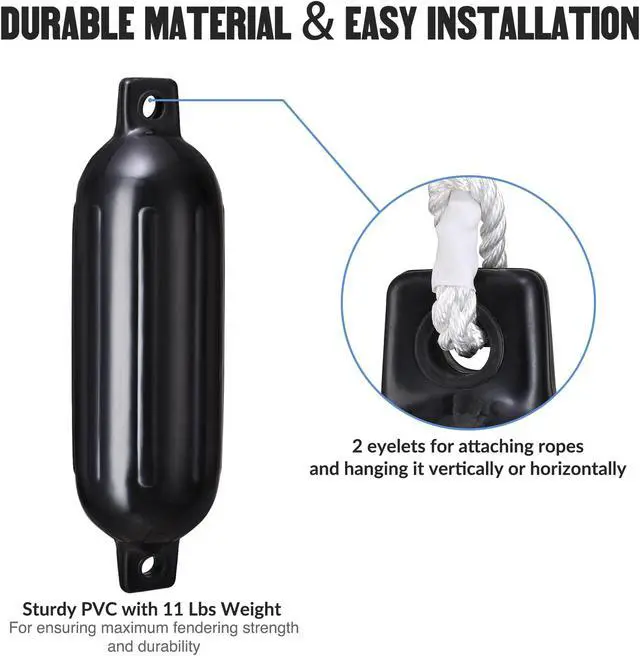 Alt view image 5 of 7 - 4pcs Ribbed Boat Fender 6.5"x23" Bumper Dock Shield Protection Black w/ Lines Pump