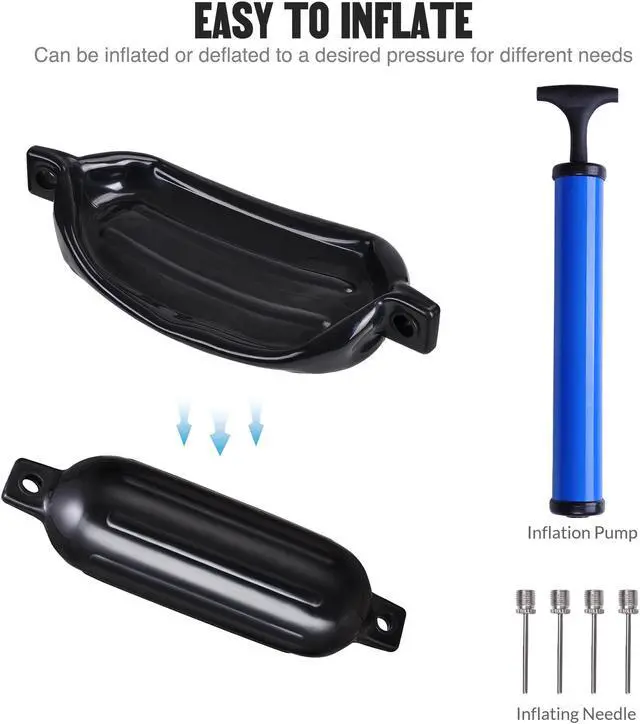 Alt view image 6 of 7 - 4pcs Ribbed Boat Fender 6.5"x23" Bumper Dock Shield Protection Black w/ Lines Pump