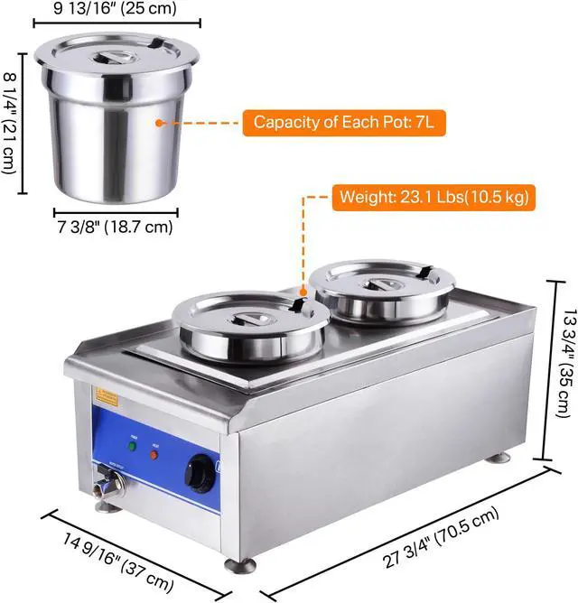 Alt view image 5 of 7 - 1200W Dual Pots Countertop Food Warmer Stainless Steel Commercial Bain Marie