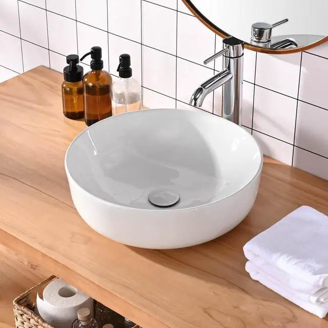 Alt view image 6 of 7 - Aquaterior 16" Round Bathroom Vessel Sink w/Pop up Drain Above Counter Ceramic Bathroom Sink For Hotel