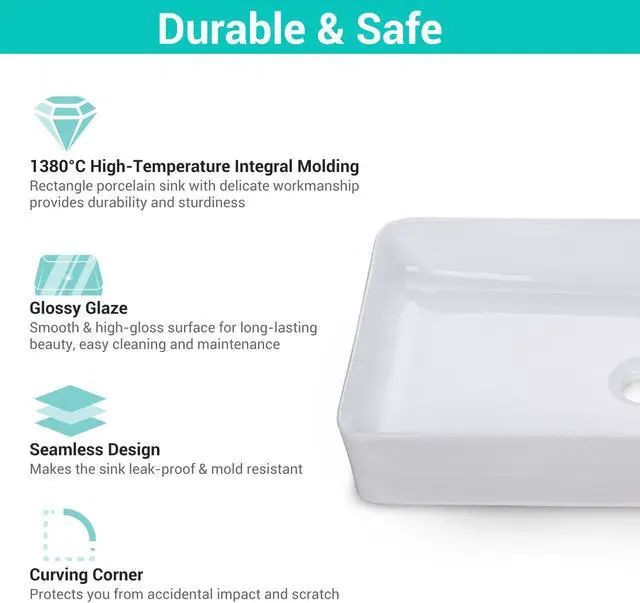 Alt view image 3 of 7 - Aquaterior 23"x13" Rectangle Bathroom Vessel Sink w/Pop Up Drain Above Counter Ceramic Bathroom Sink Hotel Lavatory