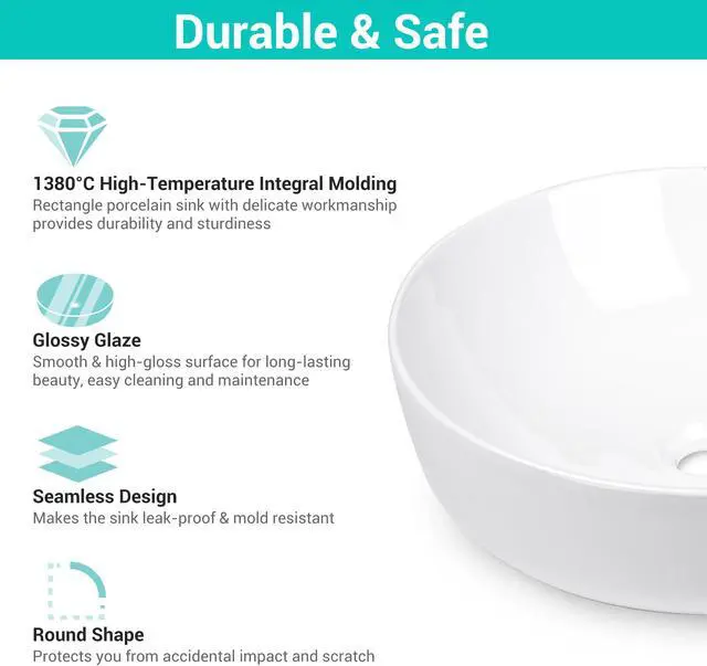 Alt view image 3 of 7 - Aquaterior 16" Round Bathroom Vessel Sink w/Pop up Drain Above Counter Ceramic Bathroom Sink For Hotel