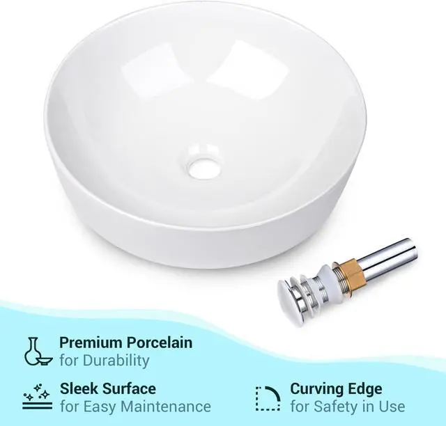 Alt view image 6 of 7 - Aquaterior 16" Round Bathroom Ceramic Vessel Sink Faucet Set Vanity Mixer Faucet w/Pop Up Drain Gold (CUPC NSF CEC)