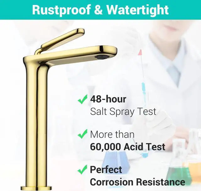 Alt view image 6 of 7 - Aquaterior Bathroom Countertop Vessel Sink & 1 Hole Vanity Basin Mixer Faucet w/Pop Up Drain Kit Gold (CUPC NSF CEC)