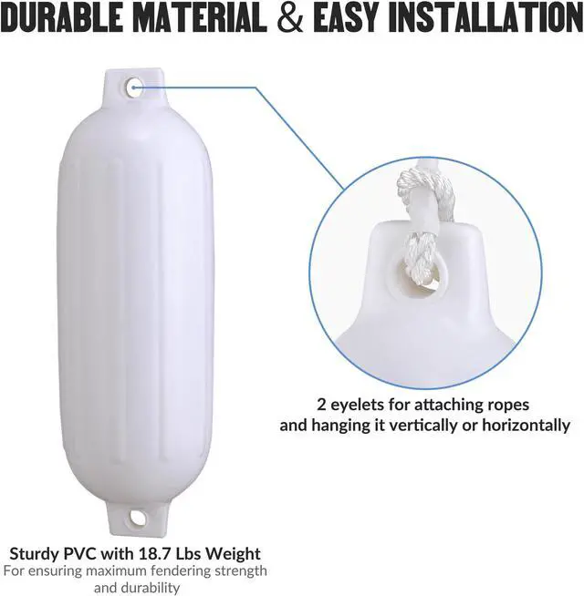 Alt view image 2 of 7 - 4pcs Ribbed Boat Fender 8"x27" Bumper Dock Shield Protection White w/ Lines Pump