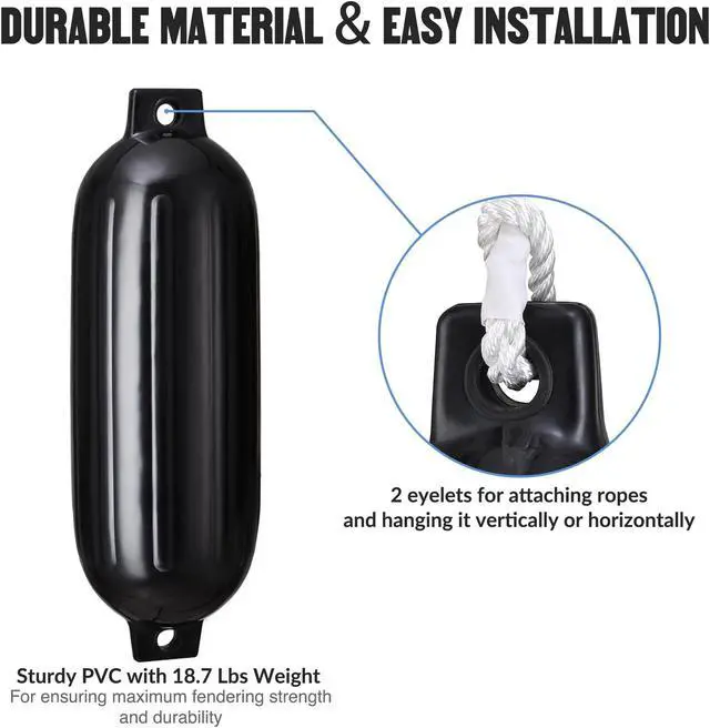 Alt view image 4 of 7 - 4pcs Ribbed Boat Fender 8"x27" Bumper Dock Shield Protection Black w/ Lines Pump