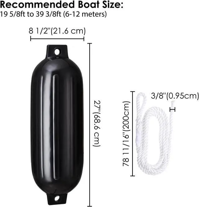 Alt view image 6 of 7 - 4pcs Ribbed Boat Fender 8"x27" Bumper Dock Shield Protection Black w/ Lines Pump