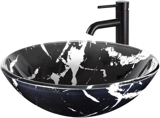 Alt view image 2 of 7 - Tempered Glass Round Vessel Sink Artistic Marbling Pattern Above Counter Bathroom Vanity Bowl Basin