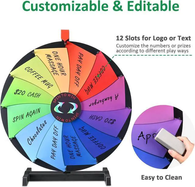 Alt view image 3 of 7 - WinSpin 24" Editable Color Prize Wheel Dry Erase Fortune Spin Game Carnival Tabletop Stand 12 Slots