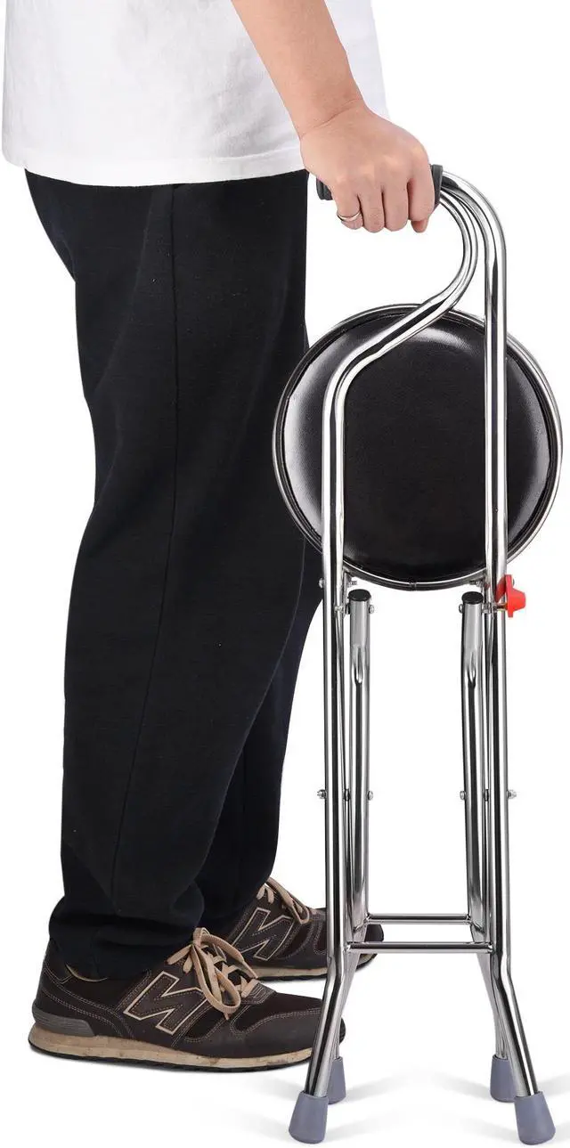 Alt view image 9 of 14 - Medical Folding Walking Stick Seat Four Legged Portable Travel Hiking Cane Chair Stool