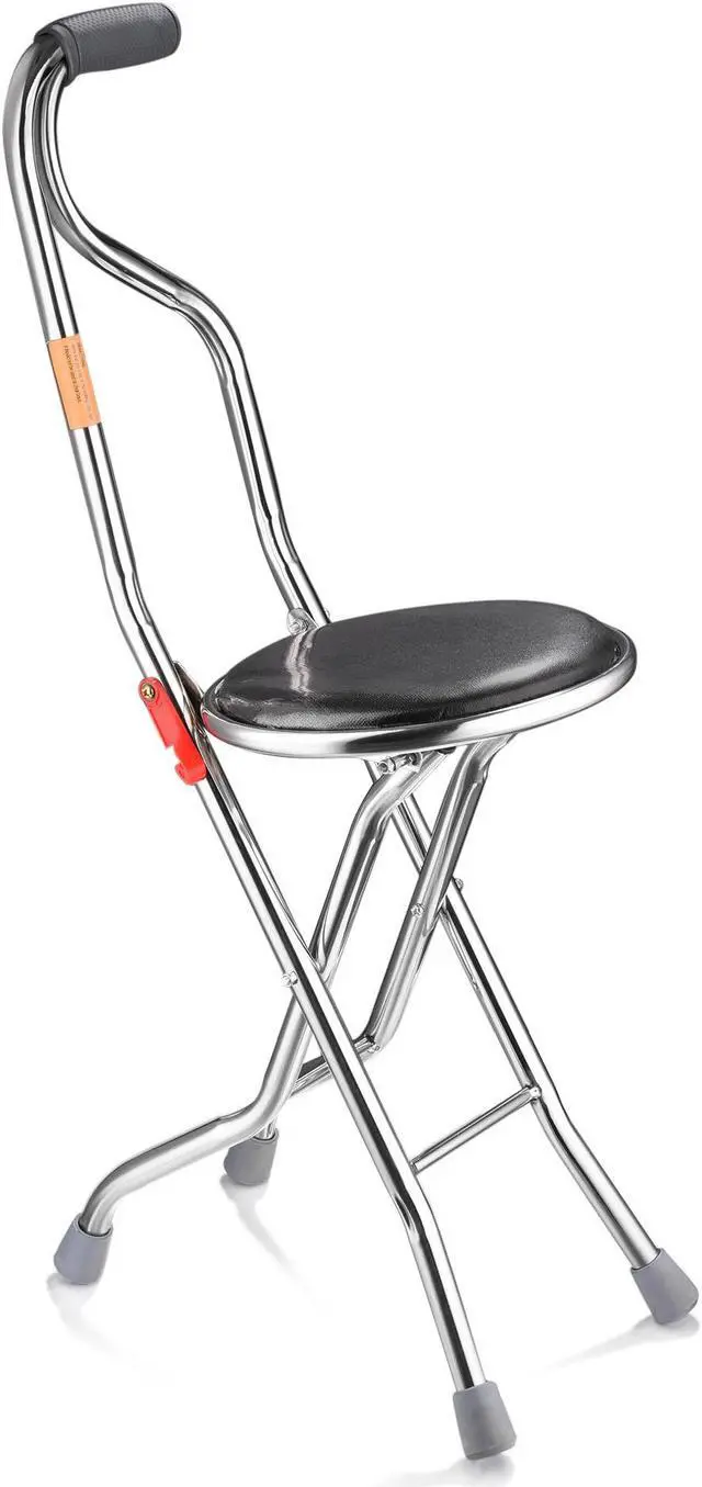 Alt view image 8 of 14 - Medical Folding Walking Stick Seat Four Legged Portable Travel Hiking Cane Chair Stool