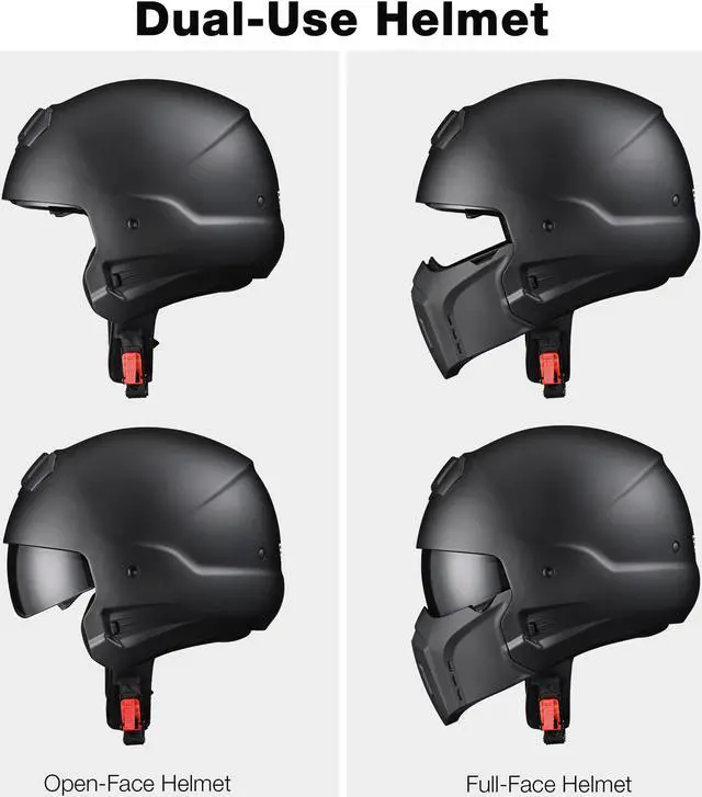 Alt view image 5 of 7 - AHR Motorcycle Helmet Open Face w/ Detachable Chin Guard Visor DOT Approved S