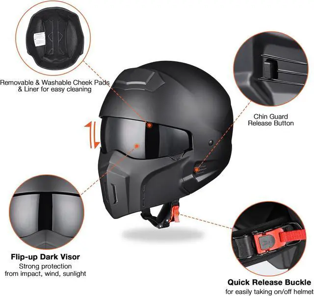 Alt view image 4 of 7 - AHR Motorcycle Helmet Open Face w/ Detachable Chin Guard Visor DOT Approved S