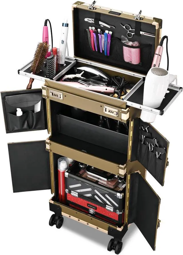 Alt view image 2 of 7 - Byootique Bronze Pro XL Rolling Makeup Stylist Train Case Hair Salon Clipper Trimmer Box