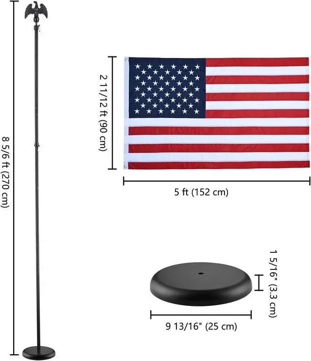 Alt view image 6 of 7 - 8 Ft Sectional Indoor Flag Pole Kit Eagle Topper Aluminum 3x5 Ft US Flag & Base
