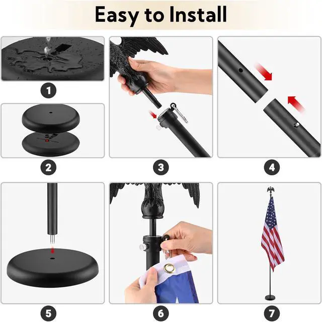 Alt view image 7 of 7 - 8 Ft Sectional Indoor Flag Pole Kit Eagle Topper Aluminum 3x5 Ft US Flag & Base