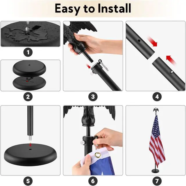 Alt view image 7 of 7 - 6 Ft Sectional Indoor Flag Pole Kit Eagle Topper Aluminum 3x5 Ft US Flag & Base