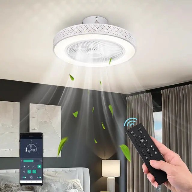 Alt view image 6 of 7 - DELight 20" Enclosed Ceiling Fan Low Profile Dimmable LED Light APP & Remote Control Lamp Smart timing Home Kitchen