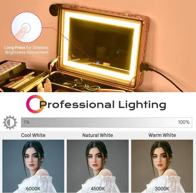 Alt view image 3 of 7 - Byootique Rolling Makeup Case Mirror LED Lighted 20inch Adjustable Brightness Extendable Tray For Makeup Artist Travel Studio