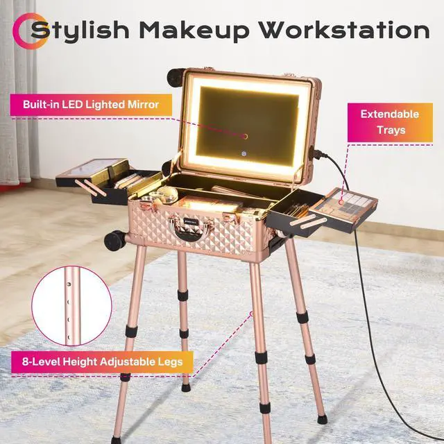 Alt view image 2 of 7 - Byootique Rolling Makeup Case Mirror LED Lighted 20inch Adjustable Brightness Extendable Tray For Makeup Artist Travel Studio