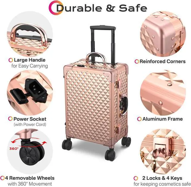 Alt view image 5 of 7 - Byootique Rolling Makeup Case Mirror LED Lighted 20inch Adjustable Brightness Extendable Tray For Makeup Artist Travel Studio