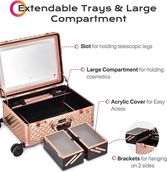 Alt view image 4 of 7 - Byootique Rolling Makeup Case Mirror LED Lighted 20inch Adjustable Brightness Extendable Tray For Makeup Artist Travel Studio