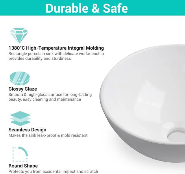Alt view image 7 of 12 - 12" Vessel Sink Above Counter Washing Basin Bathroom Porcelain Sink with Drain Counter Top Basin