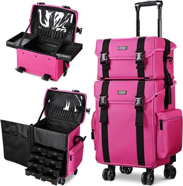 Main image of Byootique Deep Pink 2in1 Rolling Makeup Case Soft Sided Cosmetic Organizer 1680D
