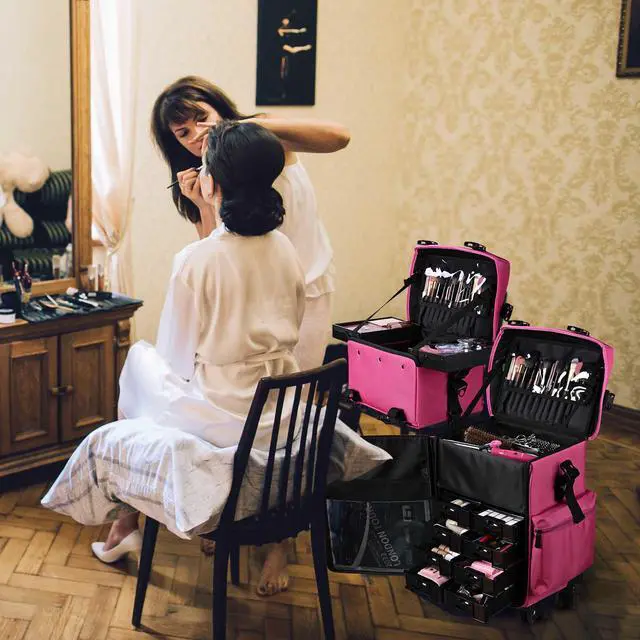 Alt view image 7 of 7 - Byootique Deep Pink 2in1 Rolling Makeup Case Soft Sided Cosmetic Organizer 1680D